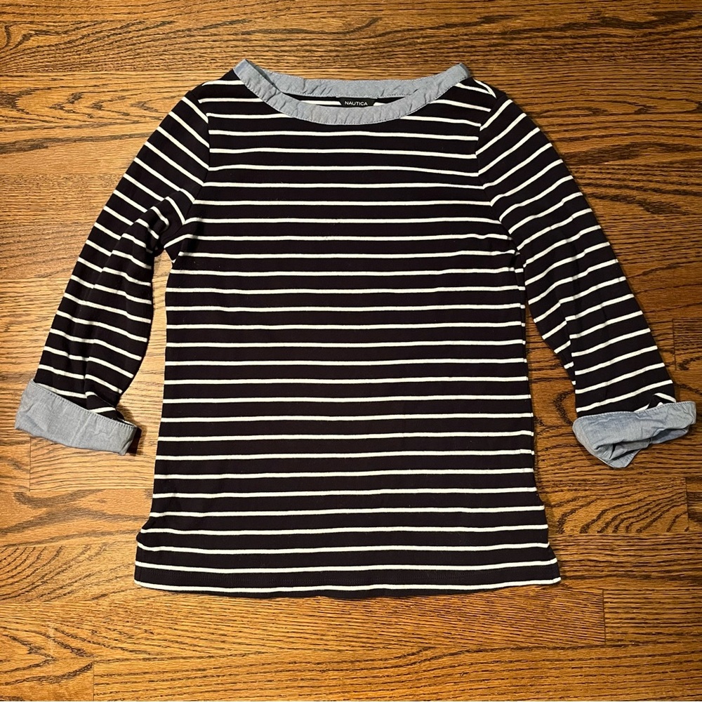 Nautica Women's Blue White Striped Boat Neck 3/4 Sleeve Shirt - Size Small